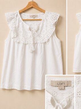 LOFT White Eyelet Embroidered Sleeveless Boho Peasant Top XL
